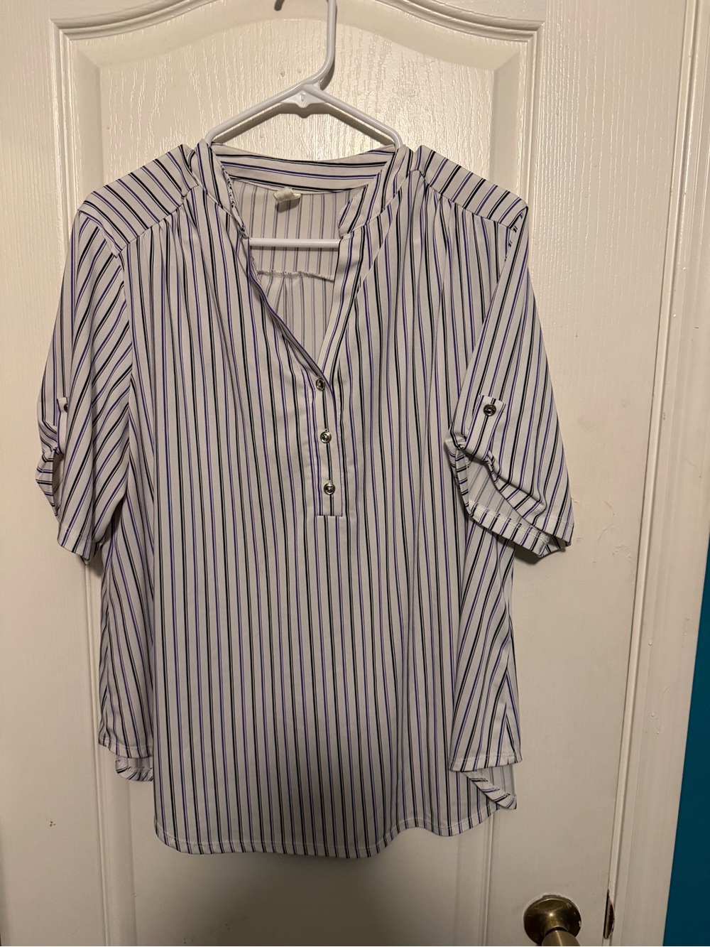 Perseption White Blouse with Navy Stripes and Henley Placket